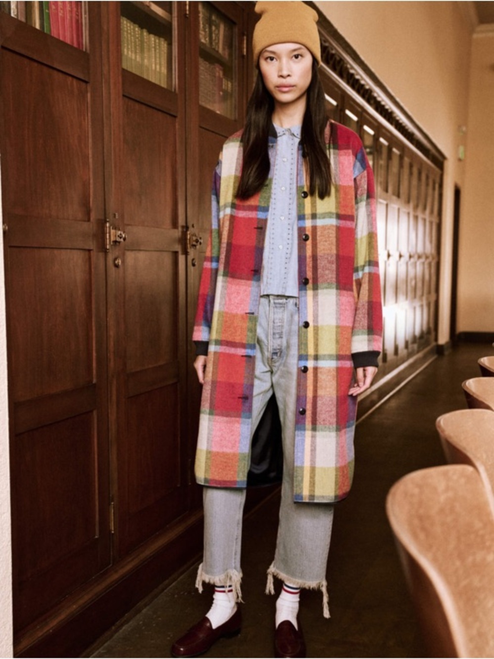 The Great Long Bomber Wool Trench Coat Jacket in Bright Mixed Plaid